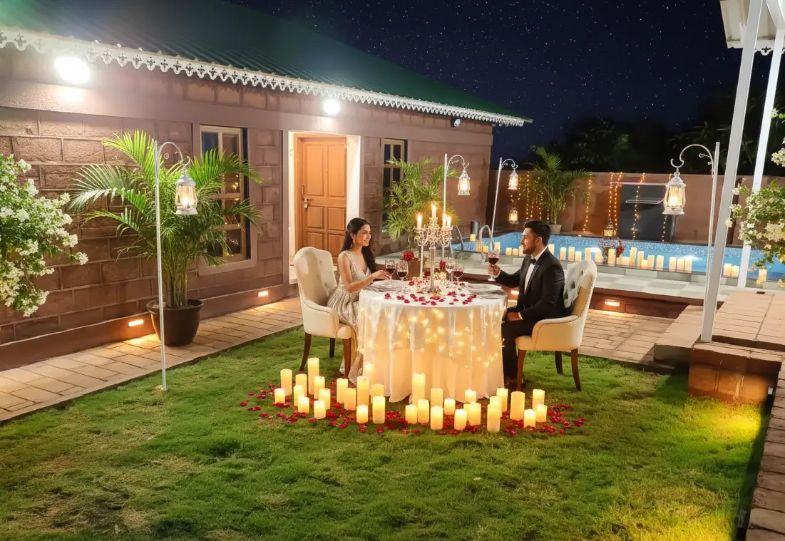 Romantic Hotels in Mahabaleshwar Candlelight dinner setup at Mahabaleshwar hotel
