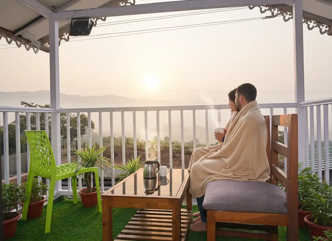 Mahabaleshwar Hotels for Couples Couple enjoying view from Mahabaleshwar hotel balcony
